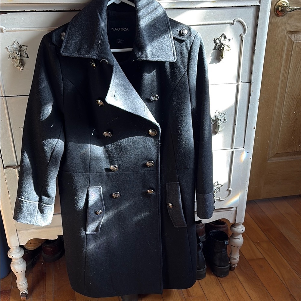 Nautica Women's Black Double-Breasted Recycled Wool Coat Large